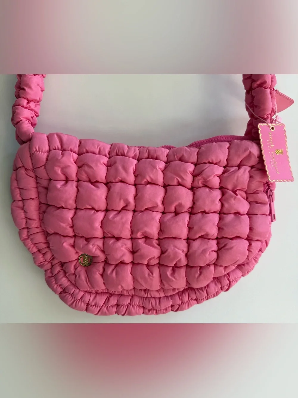 Simply Southern Pink Puff Quilted Shoulder Bag Purse Zip Close Lightweight Hobo